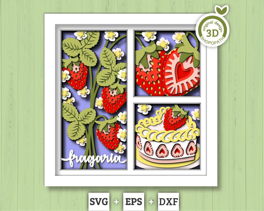 3D SVG Strawberry Shadow Box SVG, Spring Shadow Box, Leaves 3D Svg, Flowers 3d svg, Summer Cake Layered Papercut svg, Cricut Silhouette