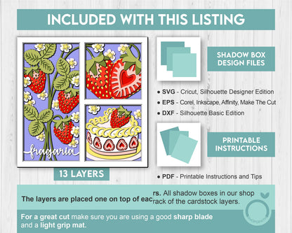 3D SVG Strawberry Shadow Box SVG, Spring Shadow Box, Leaves 3D Svg, Flowers 3d svg, Summer Cake Layered Papercut svg, Cricut Silhouette