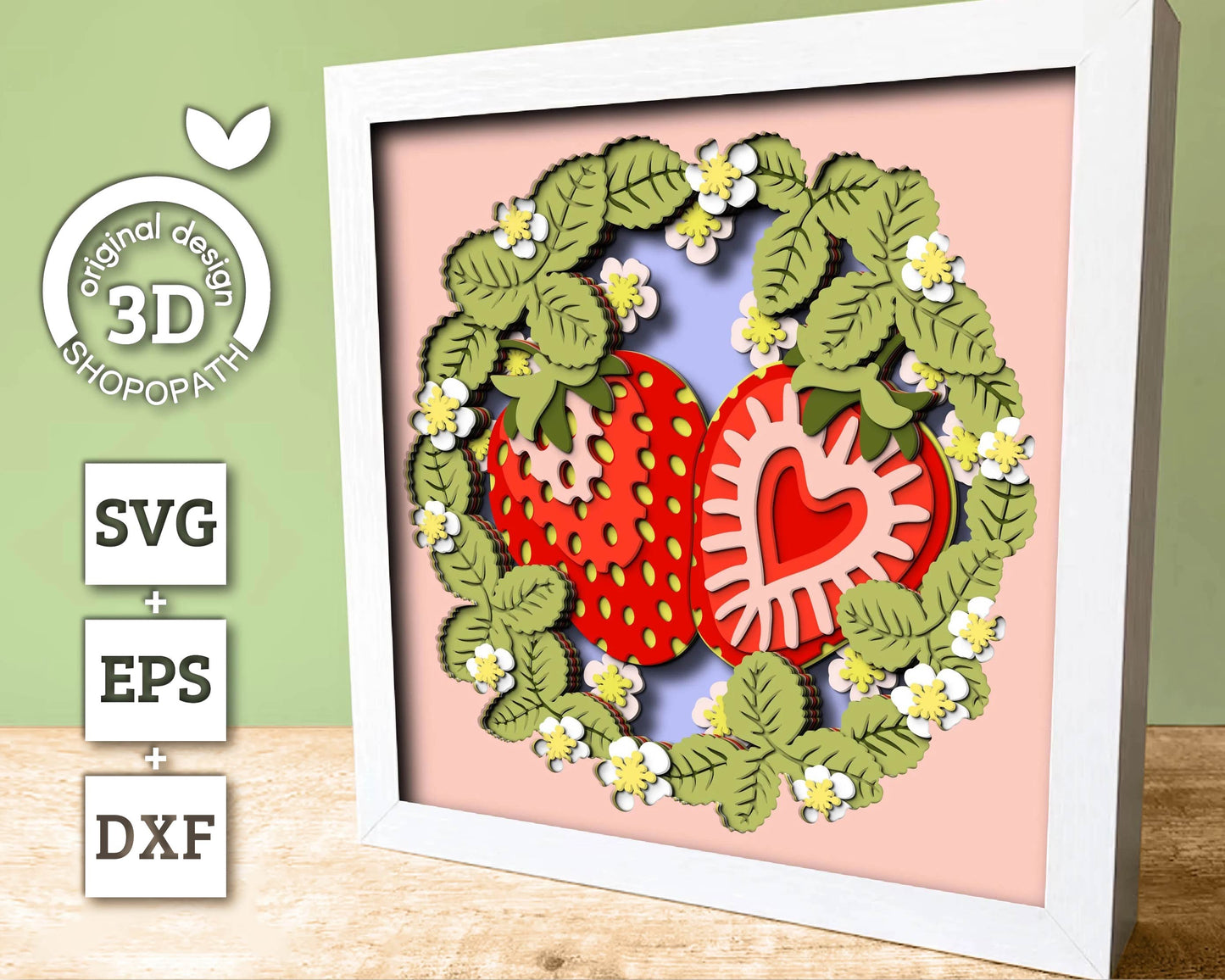 3D SVG Strawberry Shadow Box SVG, Spring Shadow Box, Leaves 3D Svg, Flowers 3d svg, Summer Floral Layered Papercut svg, Cricut Silhouette