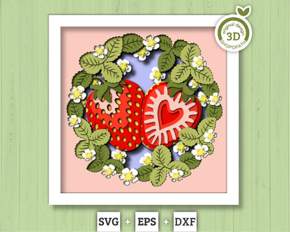 3D SVG Strawberry Shadow Box SVG, Spring Shadow Box, Leaves 3D Svg, Flowers 3d svg, Summer Floral Layered Papercut svg, Cricut Silhouette