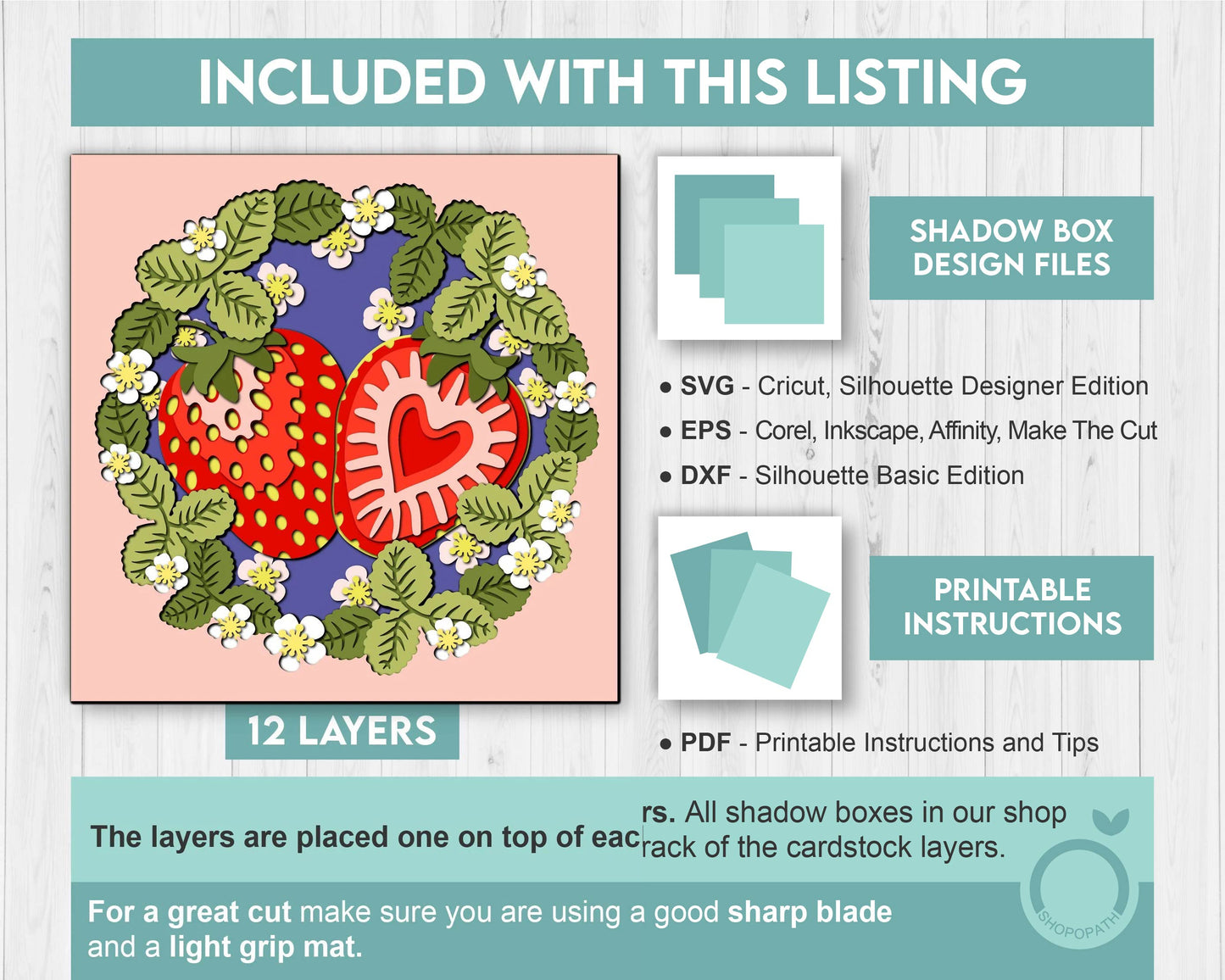 3D SVG Strawberry Shadow Box SVG, Spring Shadow Box, Leaves 3D Svg, Flowers 3d svg, Summer Floral Layered Papercut svg, Cricut Silhouette