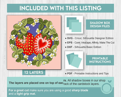 3D SVG Strawberry Shadow Box SVG, Spring Shadow Box, Leaves 3D Svg, Flowers 3d svg, Summer Floral Layered Papercut svg, Cricut Silhouette
