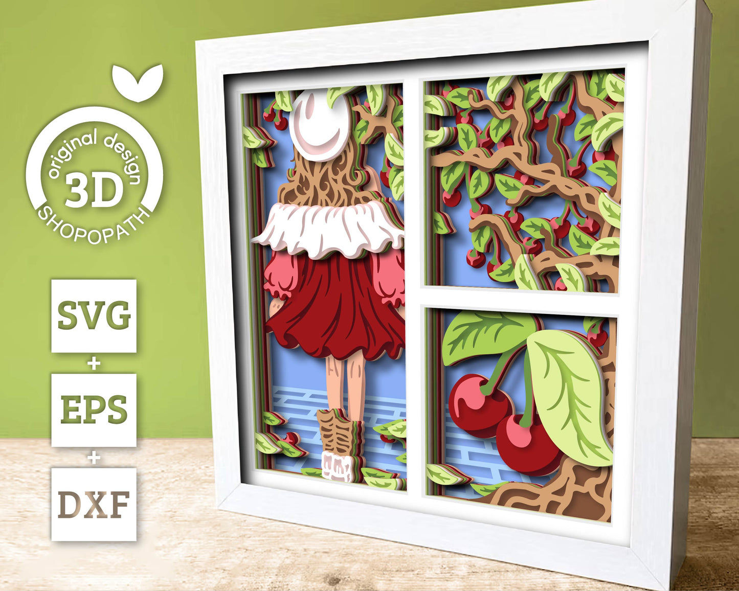 Summer Dress Girl with Cherries Panels - 3D Shadow Box Layered SVG DXF EPS (Cutting Files)