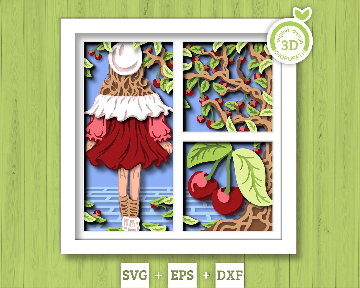 Summer Dress Girl with Cherries Panels - 3D Shadow Box Layered SVG DXF EPS (Cutting Files)