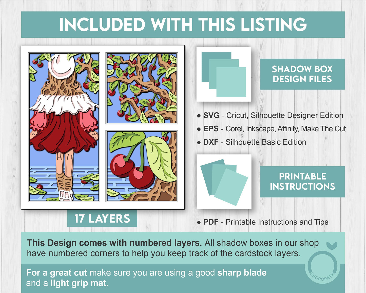Summer Dress Girl with Cherries Panels - 3D Shadow Box Layered SVG DXF EPS (Cutting Files)