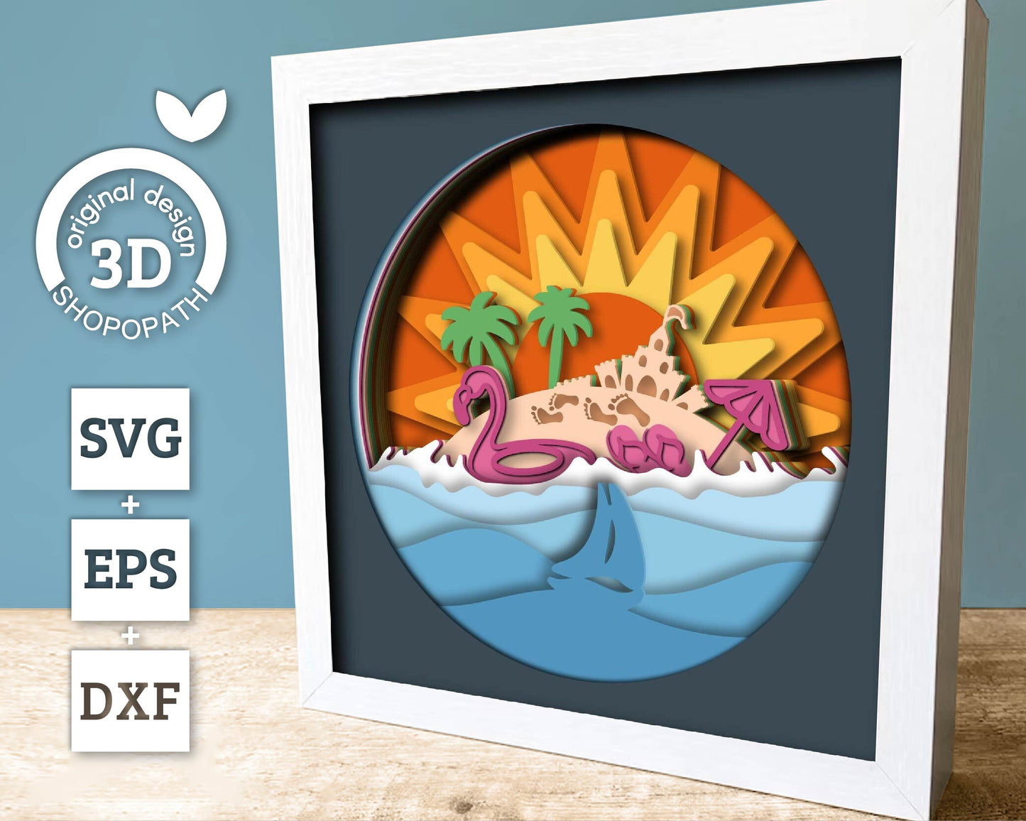 3D Layered Summer SVG EPS, Sea Wave Shadow Box, Beach 3D Svg, Sun 3d SVg, Flamingo Layered Papercut svg, Cricut Silhouette