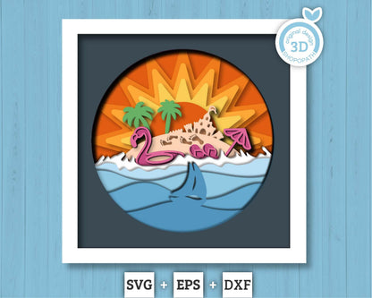 3D Layered Summer SVG EPS, Sea Wave Shadow Box, Beach 3D Svg, Sun 3d SVg, Flamingo Layered Papercut svg, Cricut Silhouette