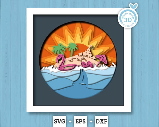 3D Layered Summer SVG EPS, Sea Wave Shadow Box, Beach 3D Svg, Sun 3d SVg, Flamingo Layered Papercut svg, Cricut Silhouette