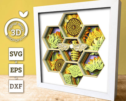 3D Sunflowers With Honey Bee Shadow Box SVG, Summer Shadow Box, Layered Honey Bee 3D Svg, 3D Sunflower Papercut svg, Cricut Silhouette