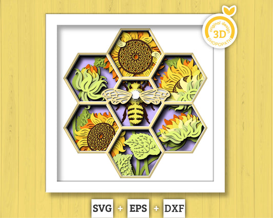 3D Sunflowers With Honey Bee Shadow Box SVG, Summer Shadow Box, Layered Honey Bee 3D Svg, 3D Sunflower Papercut svg, Cricut Silhouette