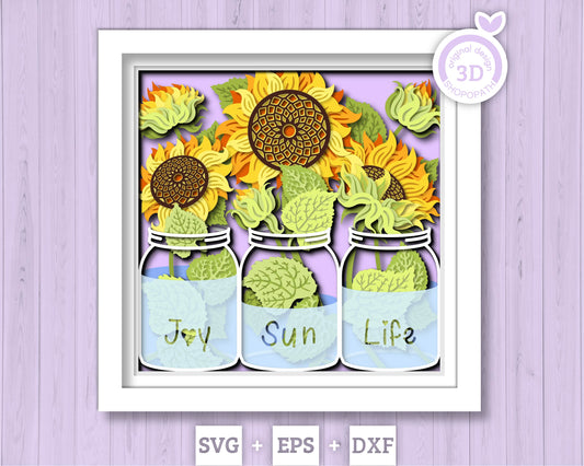 Jars with Sunflowers and Message - 3D Shadow Box Layered SVG DXF EPS (Cutting Files)
