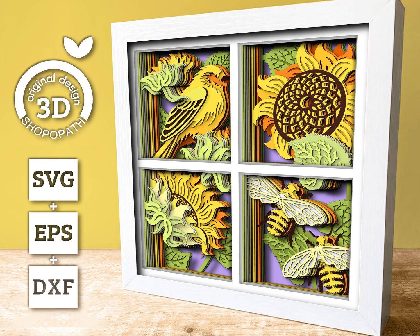 3D Layered Honey Bee And Goldfinch With Sunflowers Shadow Box SVG, Summer Shadow Box, 3D Sunflower Papercut svg 3D Bee SVG Cricut Silhouette