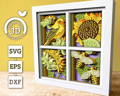 3D Layered Honey Bee And Goldfinch With Sunflowers Shadow Box SVG, Summer Shadow Box, 3D Sunflower Papercut svg 3D Bee SVG Cricut Silhouette