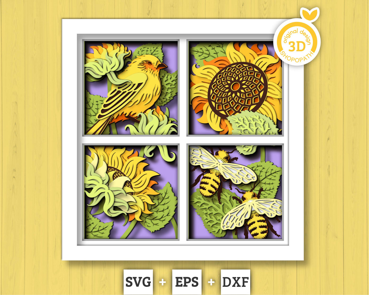 3D Layered Honey Bee And Goldfinch With Sunflowers Shadow Box SVG, Summer Shadow Box, 3D Sunflower Papercut svg 3D Bee SVG Cricut Silhouette