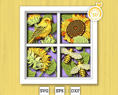 3D Layered Honey Bee And Goldfinch With Sunflowers Shadow Box SVG, Summer Shadow Box, 3D Sunflower Papercut svg 3D Bee SVG Cricut Silhouette
