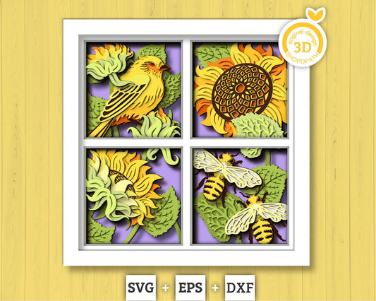 3D Layered Honey Bee And Goldfinch With Sunflowers Shadow Box SVG, Summer Shadow Box, 3D Sunflower Papercut svg 3D Bee SVG Cricut Silhouette