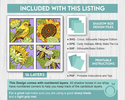 3D Layered Honey Bee And Goldfinch With Sunflowers Shadow Box SVG, Summer Shadow Box, 3D Sunflower Papercut svg 3D Bee SVG Cricut Silhouette