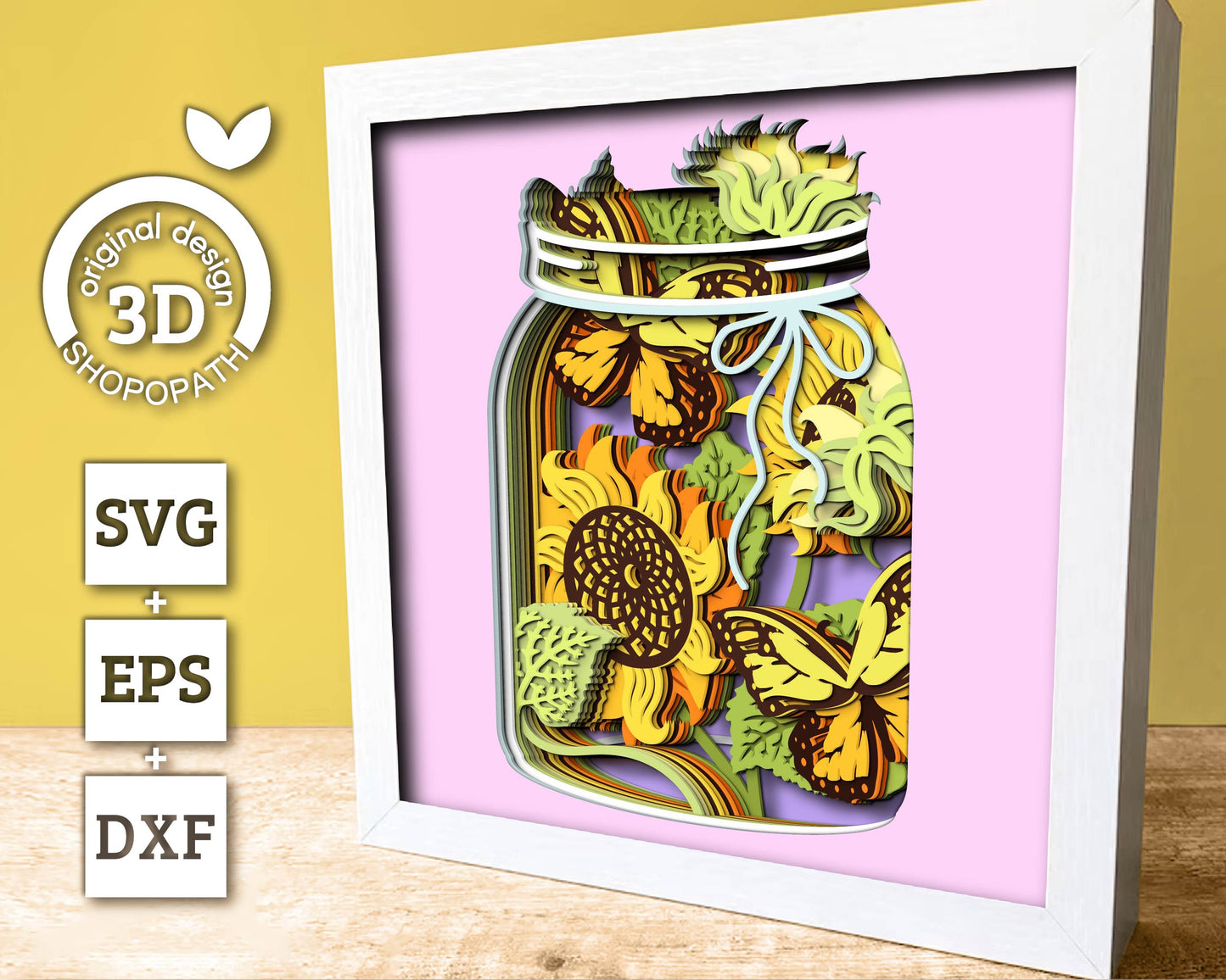 3D Sunflowers With Monarch Butterfly In Jar Shadow Box SVG, Summer Shadow Box, Monarch 3D Svg, 3D Sunflower Papercut svg, Cricut Silhouette