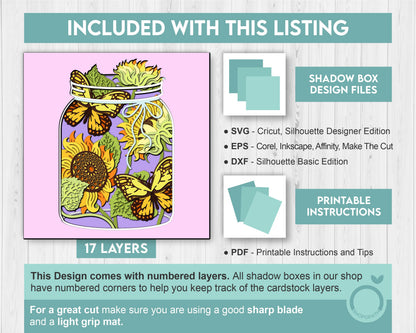 3D Sunflowers With Monarch Butterfly In Jar Shadow Box SVG, Summer Shadow Box, Monarch 3D Svg, 3D Sunflower Papercut svg, Cricut Silhouette