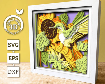 3D Sunflowers With Hummingbird Shadow Box SVG, Summer Shadow Box, Layered Hummingbird 3D Svg, 3D Sunflower Papercut svg, Cricut Silhouette