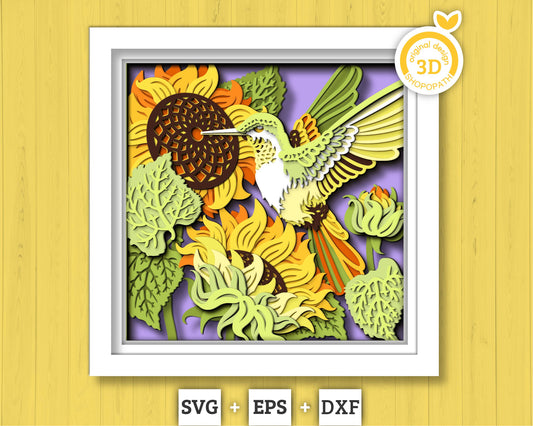3D Sunflowers With Hummingbird Shadow Box SVG, Summer Shadow Box, Layered Hummingbird 3D Svg, 3D Sunflower Papercut svg, Cricut Silhouette