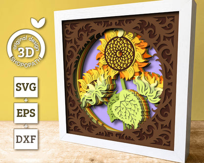 3D Layered Sunflowers With Lace Frame Shadow Box SVG, Summer Shadow Box, Sunflowers 3D Svg, 3D Sunflower Papercut svg, Cricut Silhouette