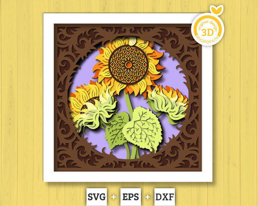 3D Layered Sunflowers With Lace Frame Shadow Box SVG, Summer Shadow Box, Sunflowers 3D Svg, 3D Sunflower Papercut svg, Cricut Silhouette
