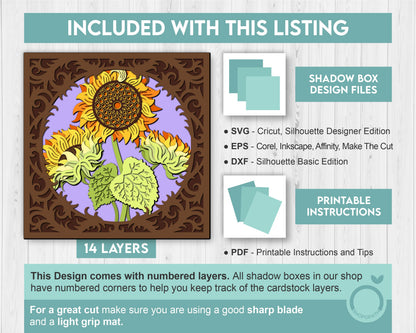 3D Layered Sunflowers With Lace Frame Shadow Box SVG, Summer Shadow Box, Sunflowers 3D Svg, 3D Sunflower Papercut svg, Cricut Silhouette