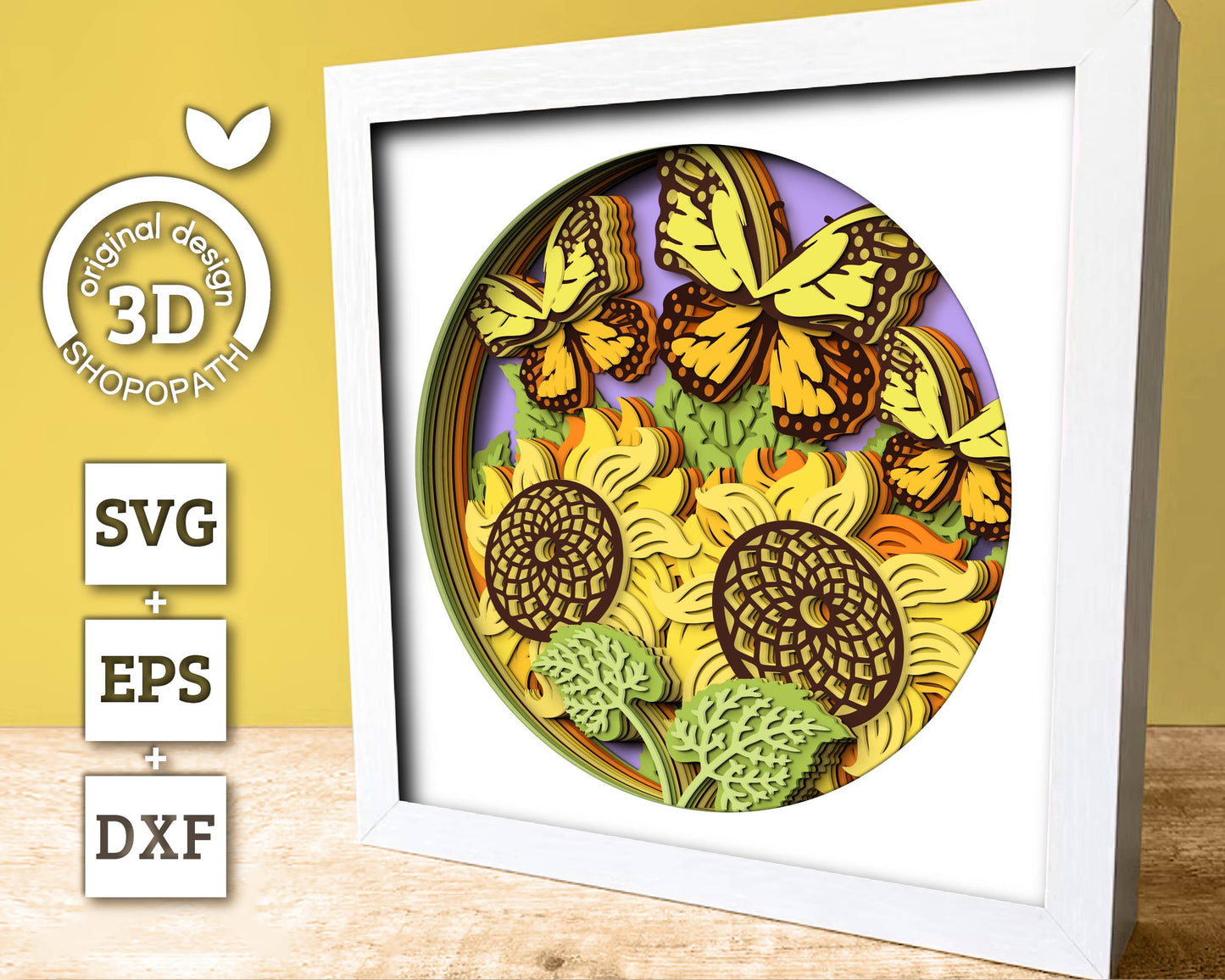 3D Layered Sunflowers With Monarch Butterfly Shadow Box SVG, Summer Shadow Box, Monarch 3D Svg, 3D Sunflower Papercut svg, Cricut Silhouette