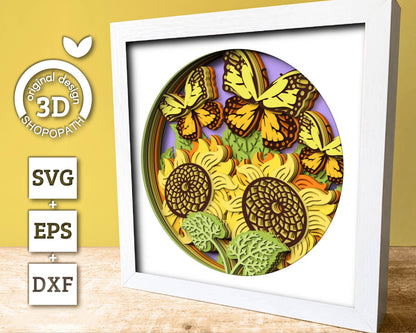 3D Layered Sunflowers With Monarch Butterfly Shadow Box SVG, Summer Shadow Box, Monarch 3D Svg, 3D Sunflower Papercut svg, Cricut Silhouette