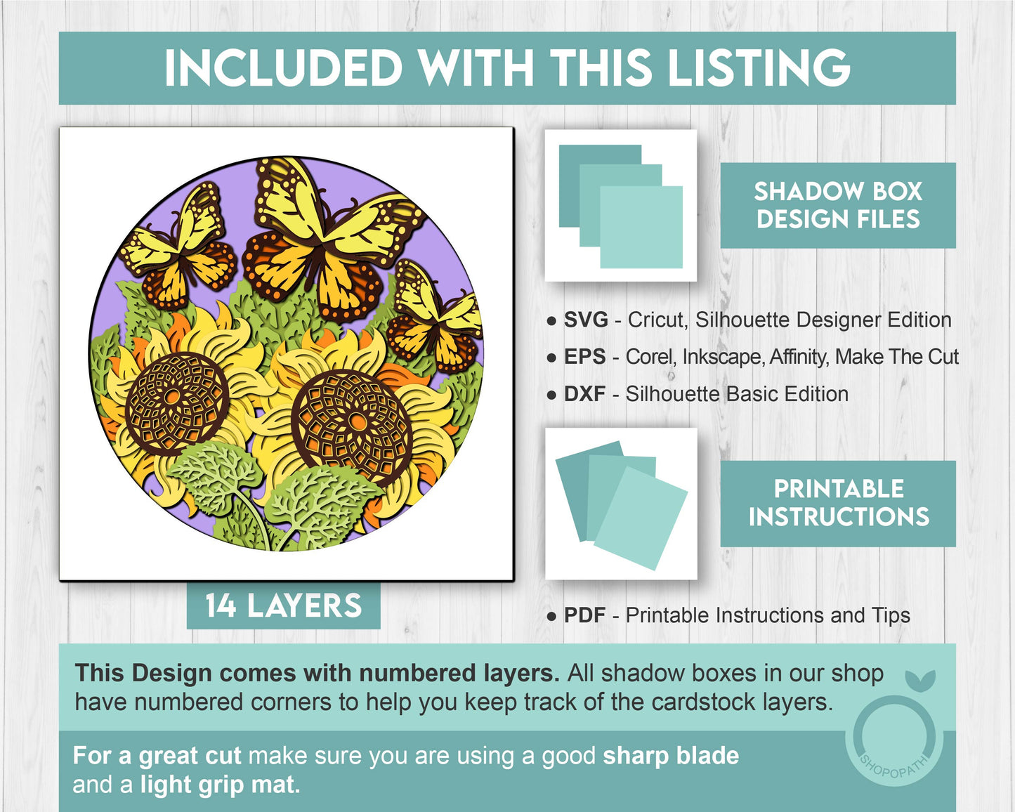 3D Layered Sunflowers With Monarch Butterfly Shadow Box SVG, Summer Shadow Box, Monarch 3D Svg, 3D Sunflower Papercut svg, Cricut Silhouette