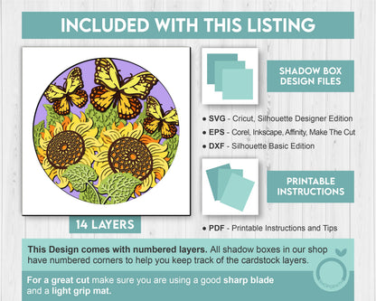 3D Layered Sunflowers With Monarch Butterfly Shadow Box SVG, Summer Shadow Box, Monarch 3D Svg, 3D Sunflower Papercut svg, Cricut Silhouette