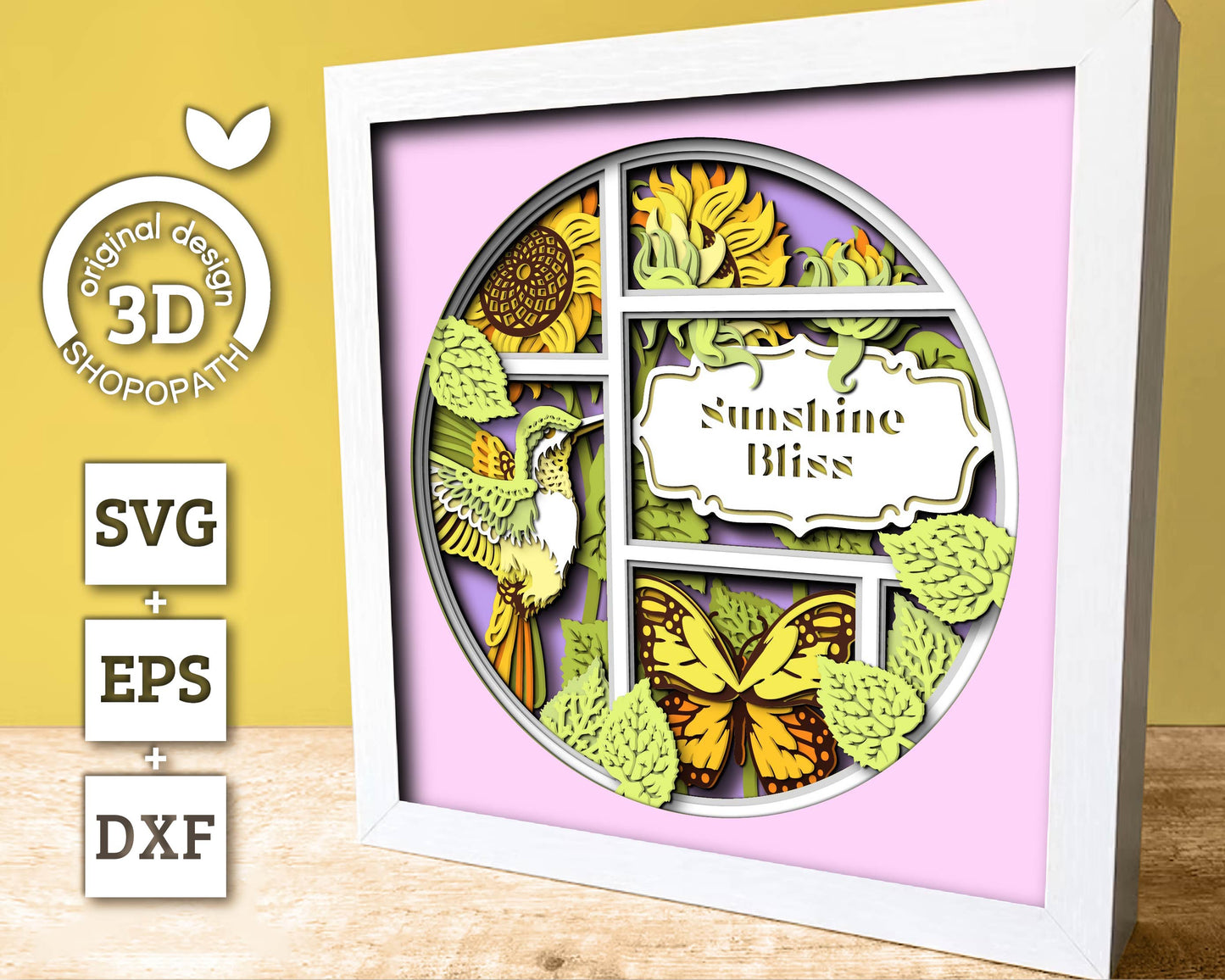 3D Sunflowers With Hummingbird And Monarch Butterfly Customisable Shadow Box SVG, Summer Shadow Box, 3D Sunflower svg, Cricut Silhouette