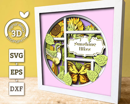 3D Sunflowers With Hummingbird And Monarch Butterfly Customisable Shadow Box SVG, Summer Shadow Box, 3D Sunflower svg, Cricut Silhouette