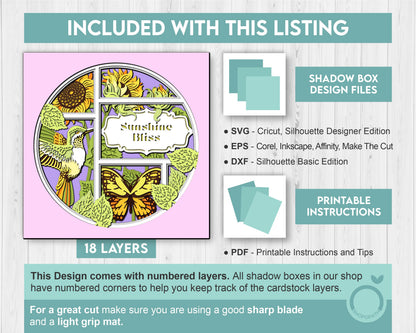 3D Sunflowers With Hummingbird And Monarch Butterfly Customisable Shadow Box SVG, Summer Shadow Box, 3D Sunflower svg, Cricut Silhouette