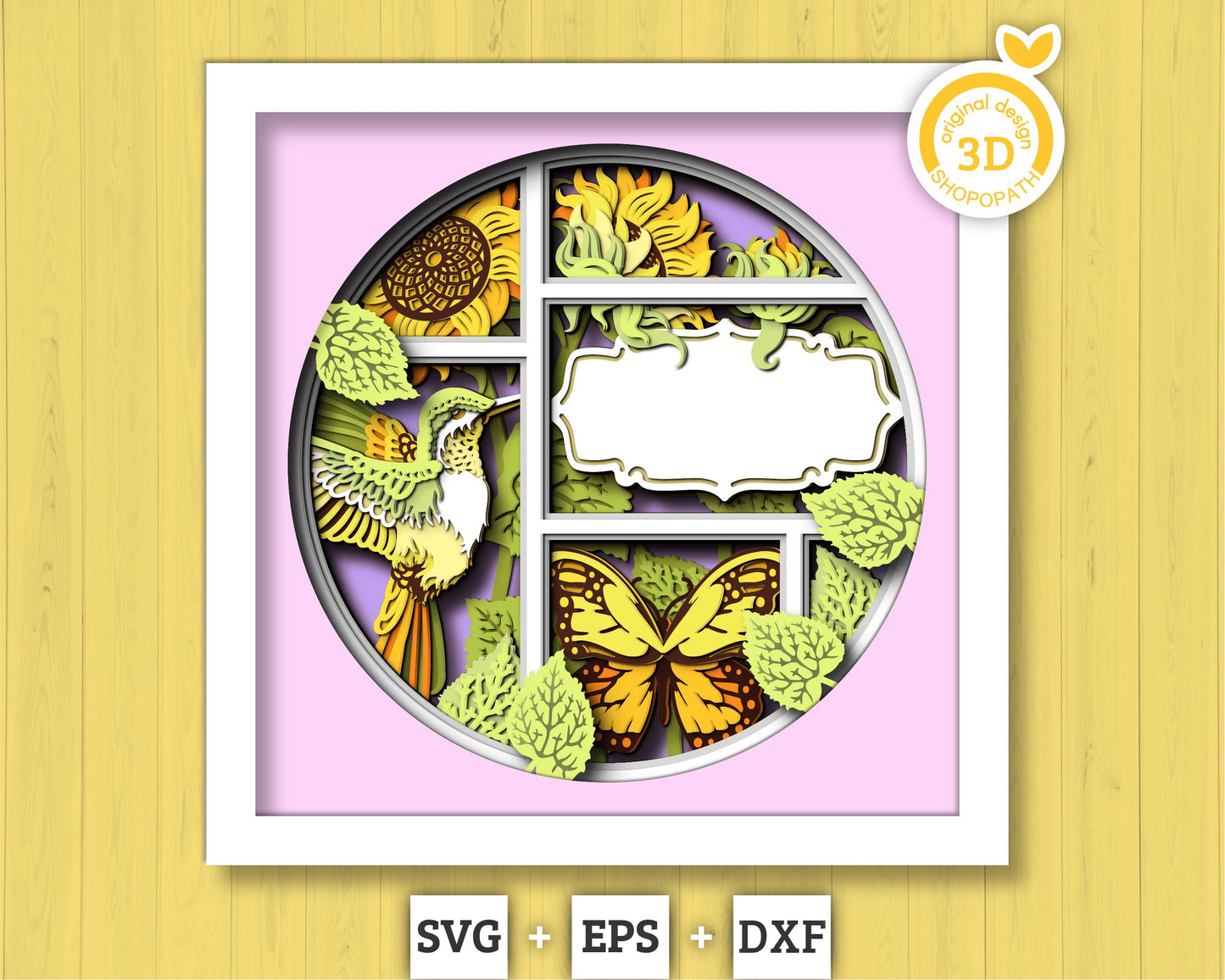 3D Sunflowers With Hummingbird And Monarch Butterfly Customisable Shadow Box SVG, Summer Shadow Box, 3D Sunflower svg, Cricut Silhouette