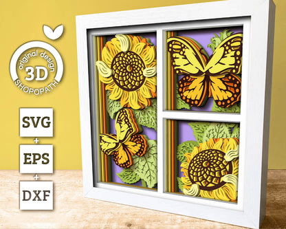 3D Sunflowers With Monarch Butterfly Shadow Box SVG, Summer Shadow Box, Layered Monarch 3D Svg, 3D Sunflower Papercut svg, Cricut Silhouette
