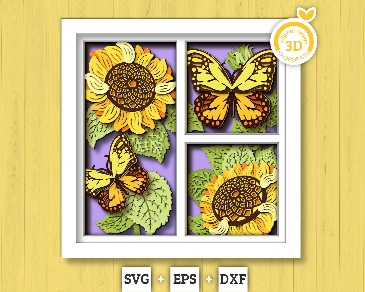 3D Sunflowers With Monarch Butterfly Shadow Box SVG, Summer Shadow Box, Layered Monarch 3D Svg, 3D Sunflower Papercut svg, Cricut Silhouette