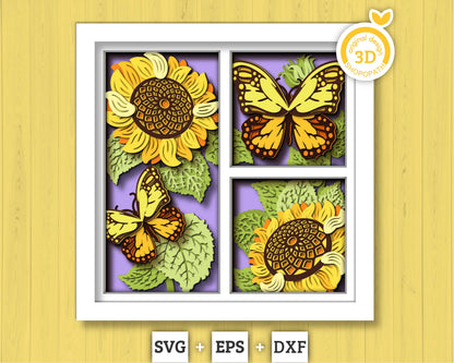 3D Sunflowers With Monarch Butterfly Shadow Box SVG, Summer Shadow Box, Layered Monarch 3D Svg, 3D Sunflower Papercut svg, Cricut Silhouette