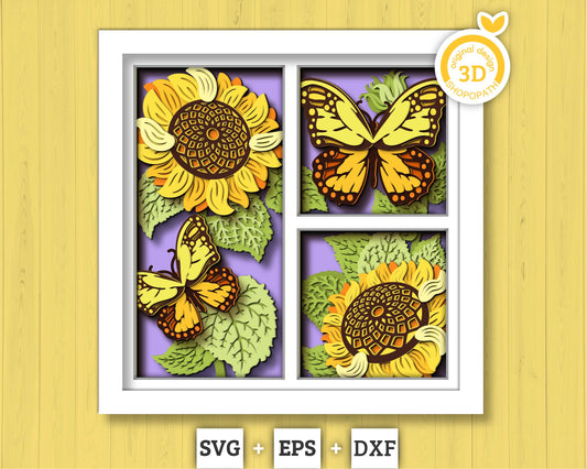 3D Sunflowers With Monarch Butterfly Shadow Box SVG, Summer Shadow Box, Layered Monarch 3D Svg, 3D Sunflower Papercut svg, Cricut Silhouette