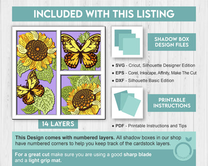 3D Sunflowers With Monarch Butterfly Shadow Box SVG, Summer Shadow Box, Layered Monarch 3D Svg, 3D Sunflower Papercut svg, Cricut Silhouette