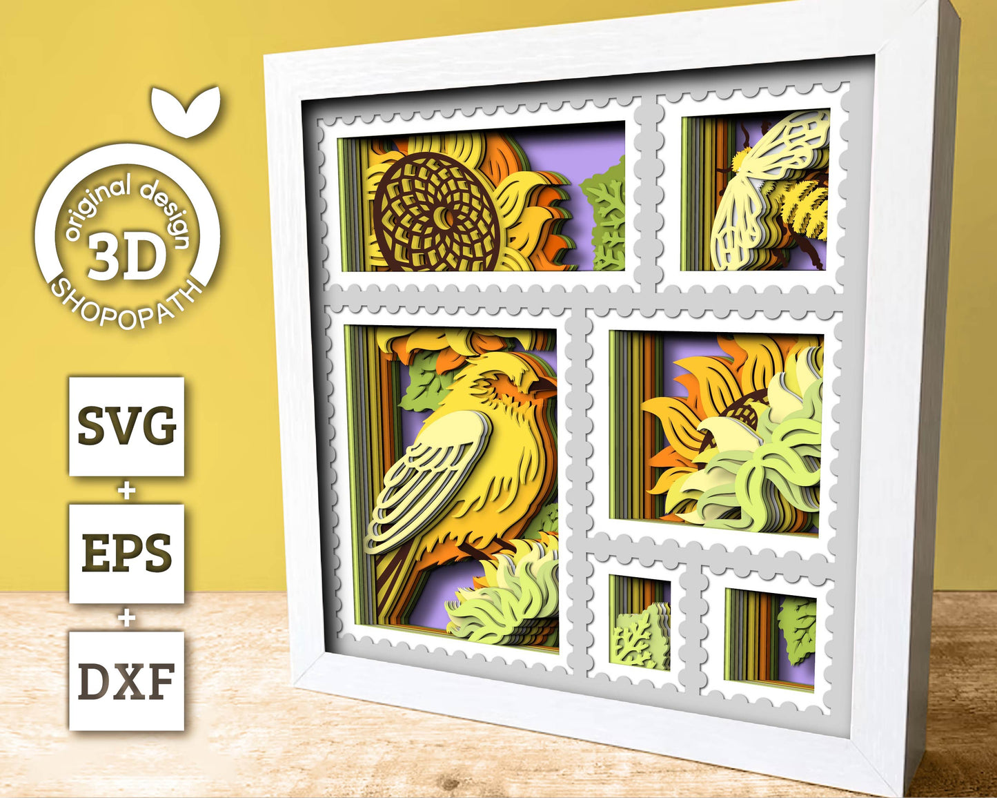3D Layered Sunflowers With Honey Bee And Goldfinch Stamp Frame Shadow Box SVG, Summer Shadow Box 3D Sunflower Papercut svg Cricut Silhouette