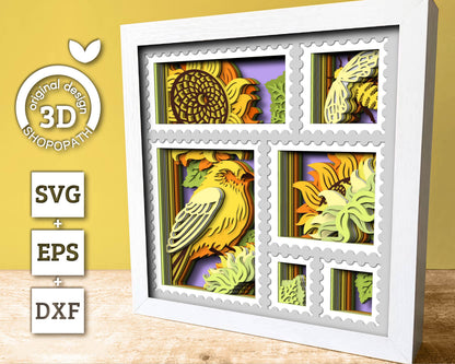 3D Layered Sunflowers With Honey Bee And Goldfinch Stamp Frame Shadow Box SVG, Summer Shadow Box 3D Sunflower Papercut svg Cricut Silhouette