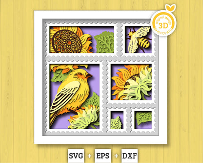 3D Layered Sunflowers With Honey Bee And Goldfinch Stamp Frame Shadow Box SVG, Summer Shadow Box 3D Sunflower Papercut svg Cricut Silhouette
