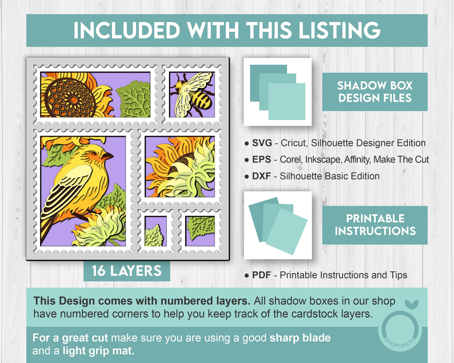 3D Layered Sunflowers With Honey Bee And Goldfinch Stamp Frame Shadow Box SVG, Summer Shadow Box 3D Sunflower Papercut svg Cricut Silhouette