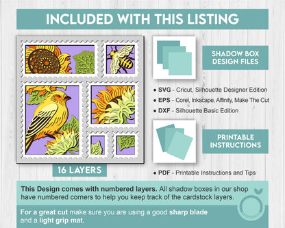 3D Layered Sunflowers With Honey Bee And Goldfinch Stamp Frame Shadow Box SVG, Summer Shadow Box 3D Sunflower Papercut svg Cricut Silhouette