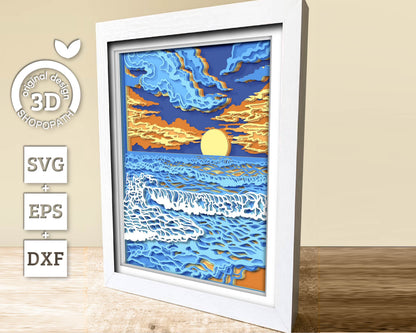 3D SVG Sunset Shadow Box, 8x10 inch Layered Sunset 3D Svg, Summer 3D Svg, Sea 3D SVG, Waves 3D SVG Beach Shadow Box 3d svg Cricut Silhouette