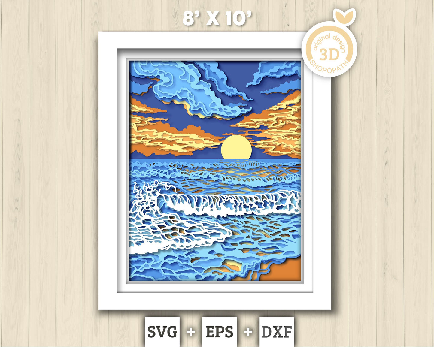 3D SVG Sunset Shadow Box, 8x10 inch Layered Sunset 3D Svg, Summer 3D Svg, Sea 3D SVG, Waves 3D SVG Beach Shadow Box 3d svg Cricut Silhouette