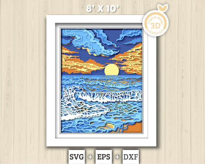 3D SVG Sunset Shadow Box, 8x10 inch Layered Sunset 3D Svg, Summer 3D Svg, Sea 3D SVG, Waves 3D SVG Beach Shadow Box 3d svg Cricut Silhouette