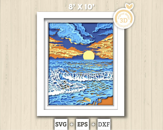 3D SVG Sunset Shadow Box, 8x10 inch Layered Sunset 3D Svg, Summer 3D Svg, Sea 3D SVG, Waves 3D SVG Beach Shadow Box 3d svg Cricut Silhouette